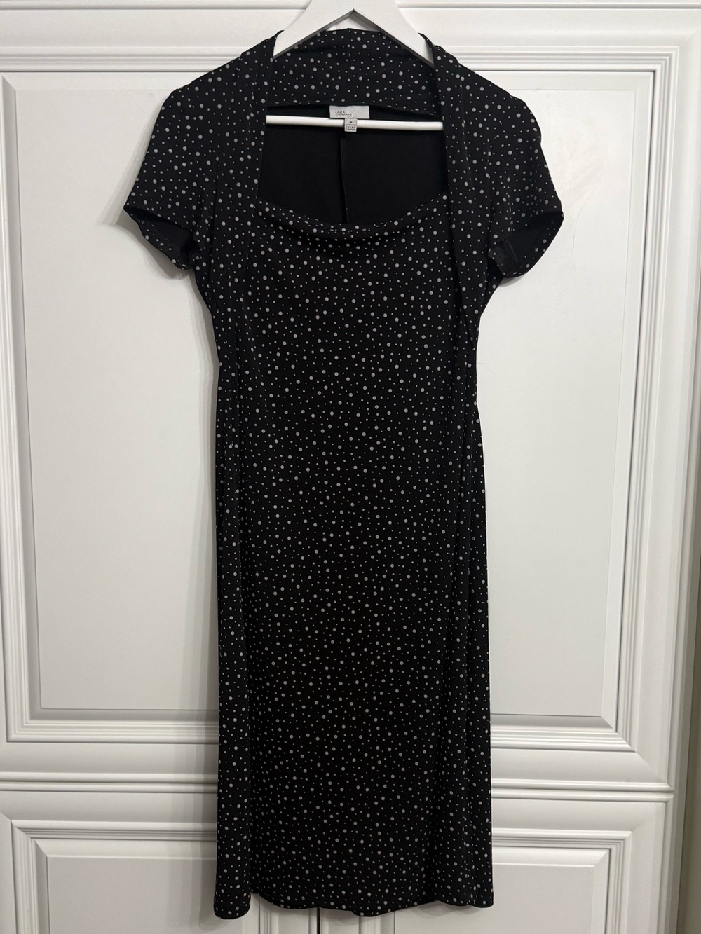 VTG 90s Linea Domani Black Polka Dot Midi Short-Sleeve Dress Square Neck Sz 8